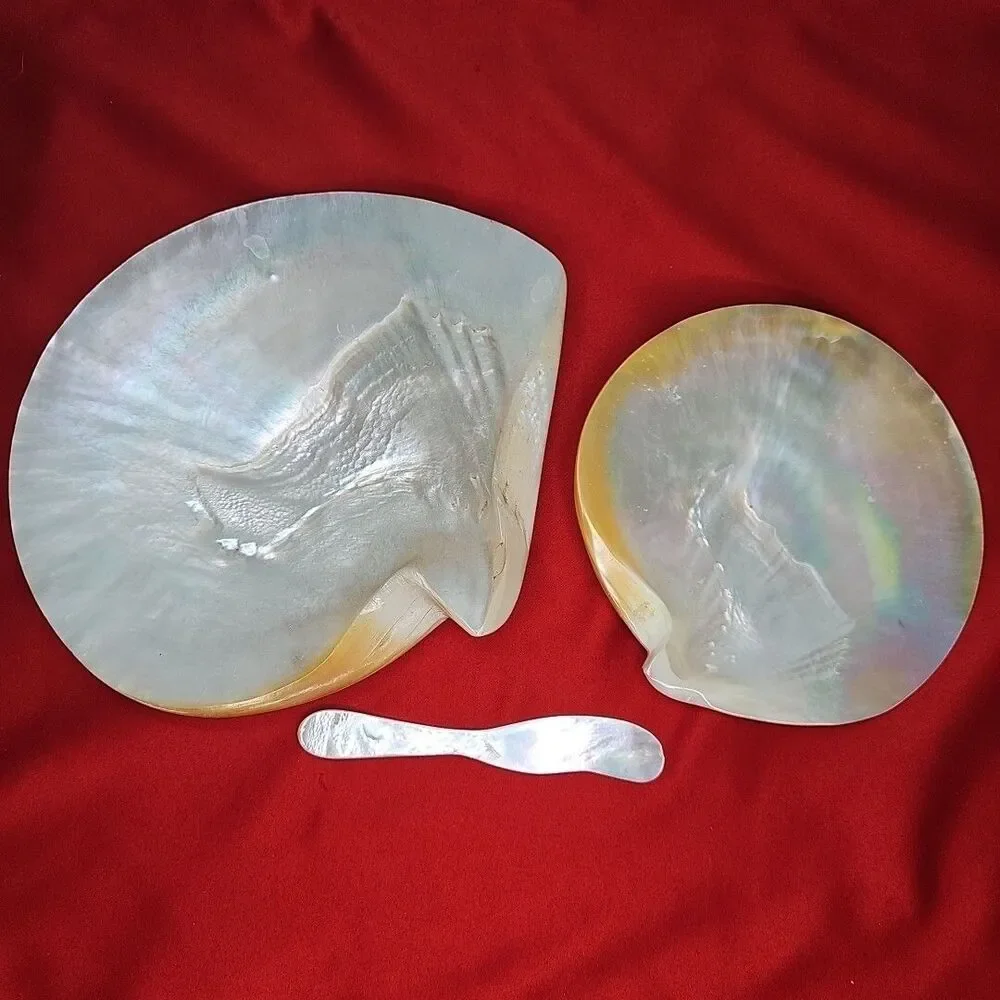 Mother of Pearl Caviar Snack Serving Plates & Knife Shell Polished Trinket